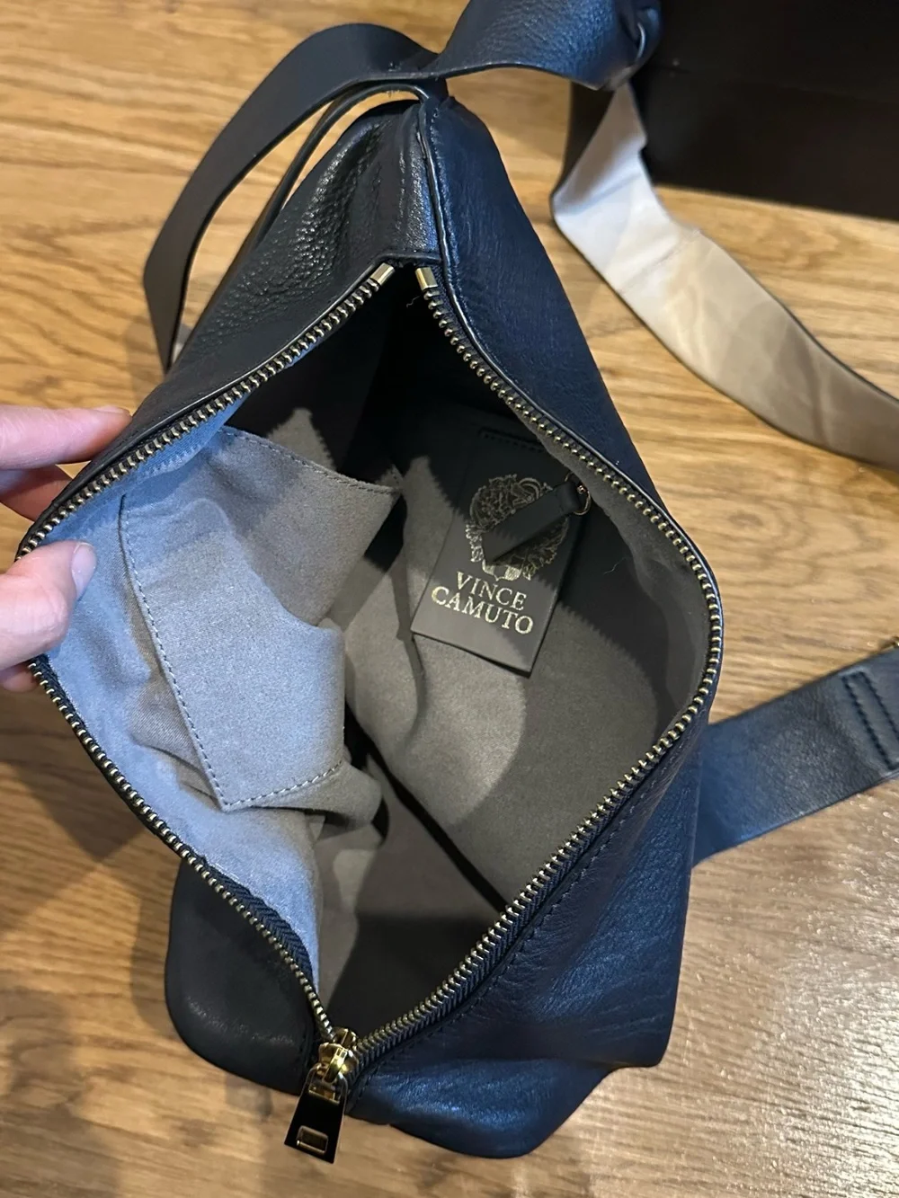 Vince Camuto Black Leather sling Backpack with Gold Accent